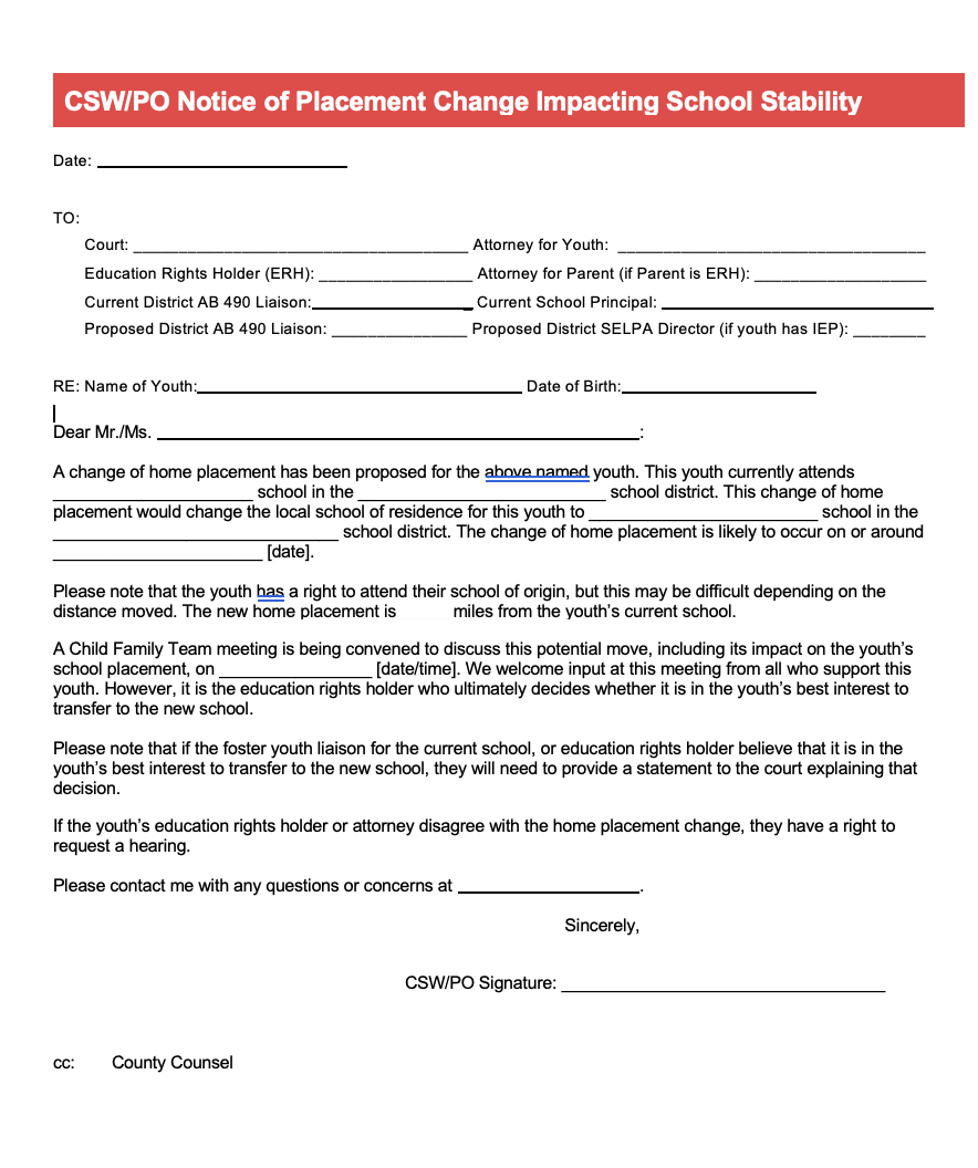 Stability Notice Example CSW/PO Notice of Placement Change Impacting School Stability | Alliance ...