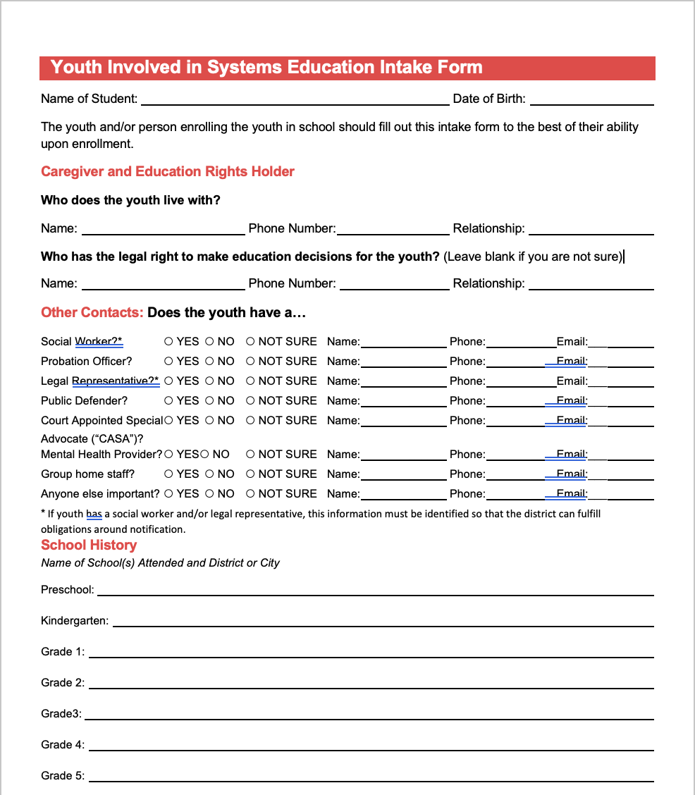 Youth Involved in Systems Education Intake Form Alliance for Children